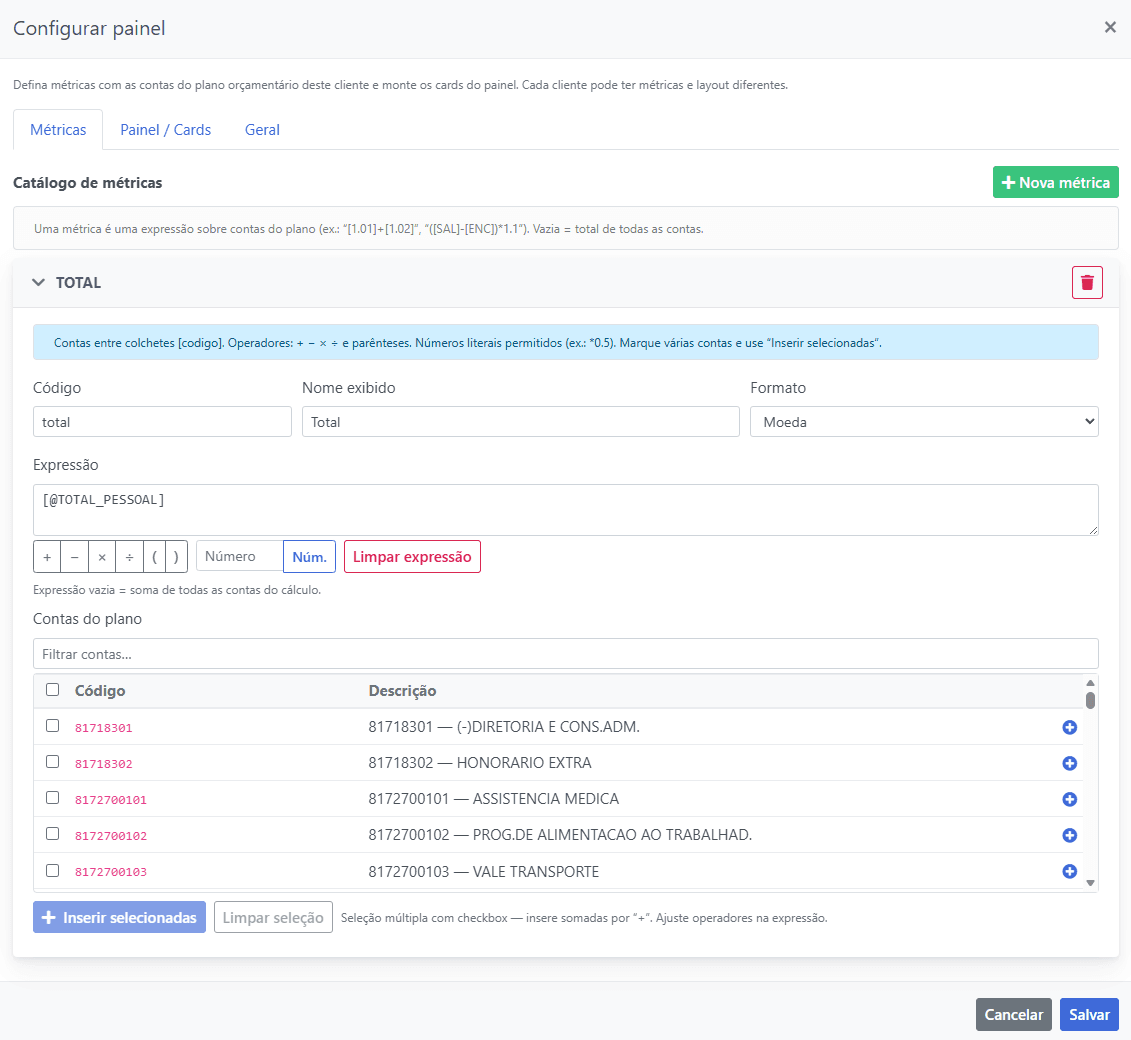 Configuração de métricas e cards do painel no EonPlan® HR